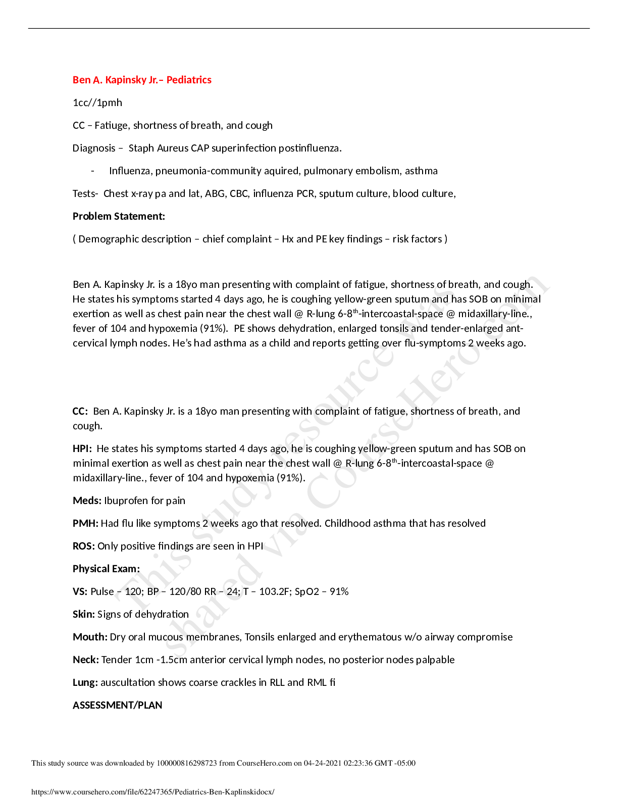 Preview image of I HUMAN Pediatrics Ben Kaplinski Case Study document